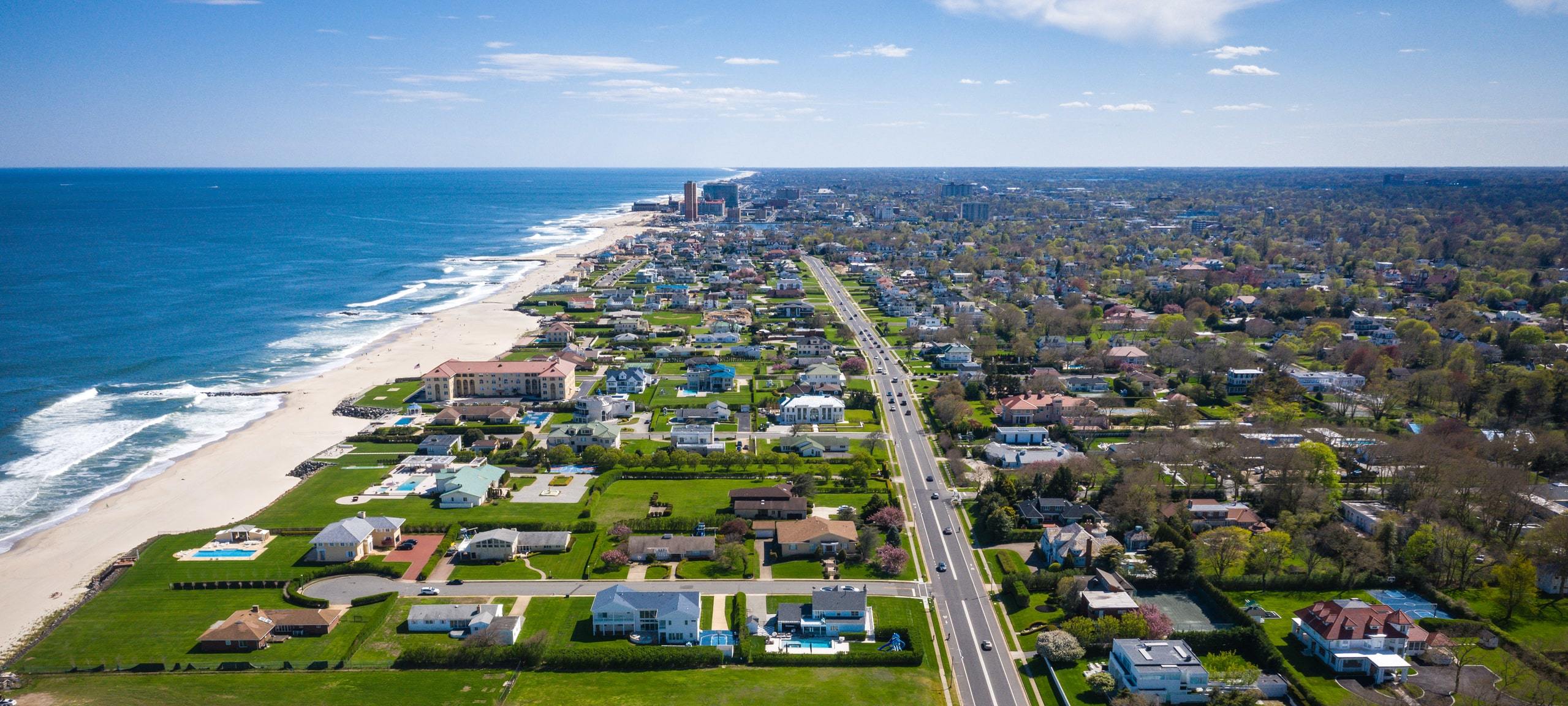 Aerial view of Deal, NJ beach and waterfront properties