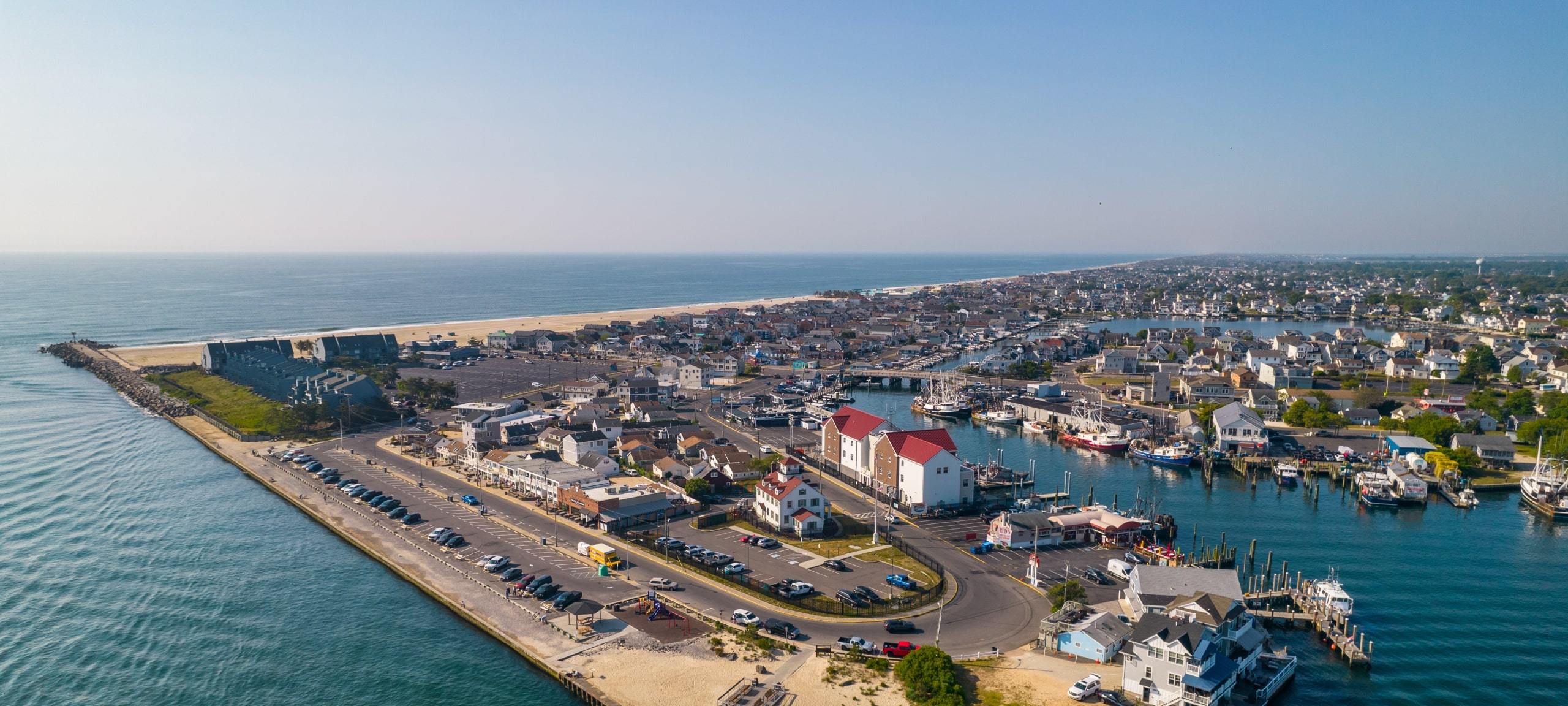 Aerial view over inlet and beach in Point Pleasant Beach, New Jersey