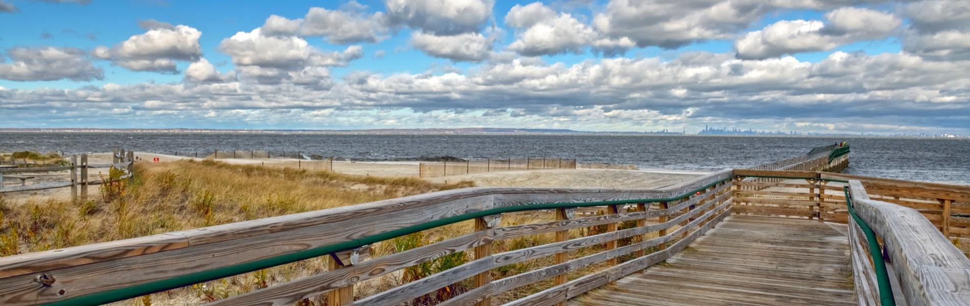 wooden fishing pier in Bayshore Waterfront Park in Monmouth County New Jersey